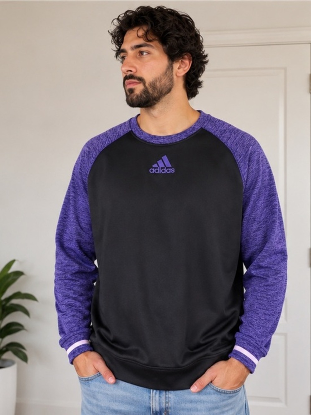 adidas Men’s Black and Purple Crewneck Pullover Large
